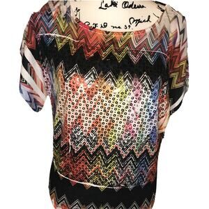 NWT Siren Lily Size L Ladies Shirt Multicolored Chevron Sparkly Sheer! Beautiful